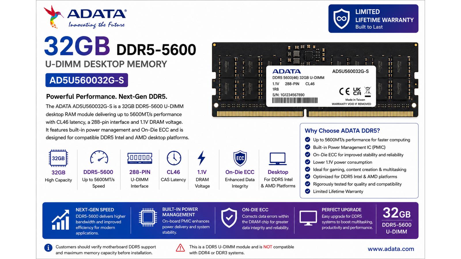 ADATA AD5U560032G-S, 32GB DDR5-5600 U-DIMM Desktop RAM, 5600MT/s, PC5-44800, CL46, 288-Pin, 1.1V | AD5U560032G-S